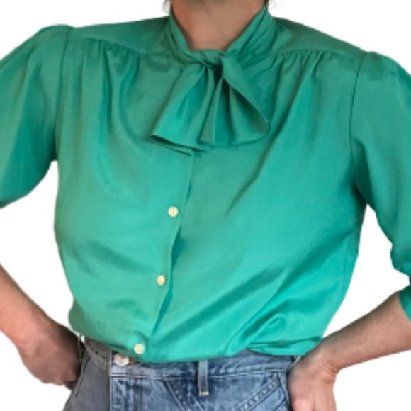 Vintage Turquoise Green PussyBow Blouse Chaus - Picture 12 of 16